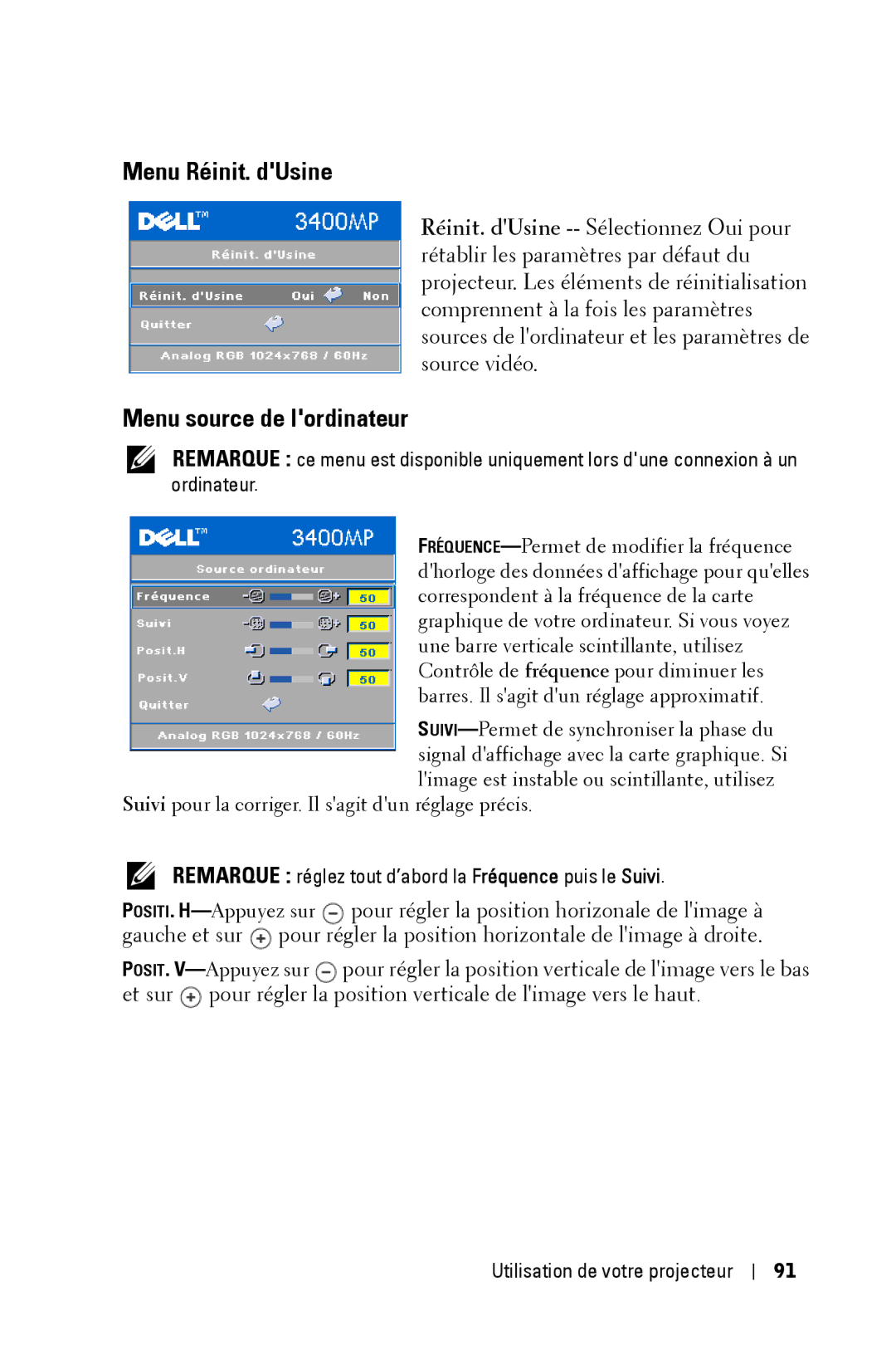 Dell 3400MP Menu Réinit. dUsine, Menu source de lordinateur, Remarque réglez tout d’abord la Fréquence puis le Suivi 