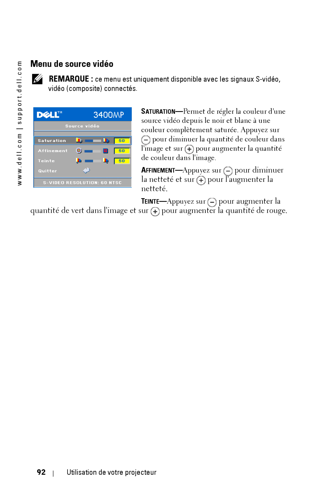 Dell 3400MP owner manual Menu de source vidéo 