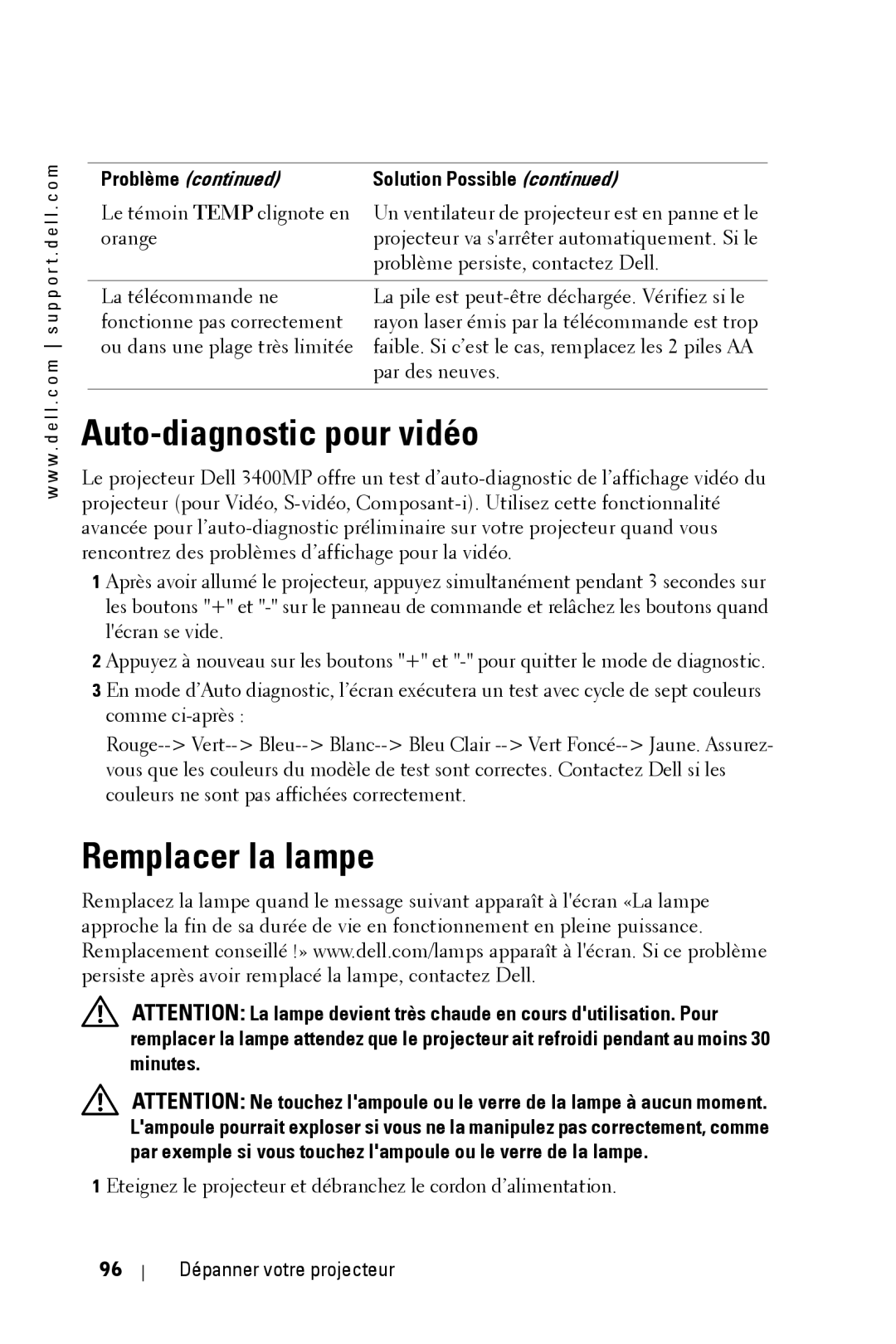 Dell 3400MP owner manual Auto-diagnostic pour vidéo, Remplacer la lampe 