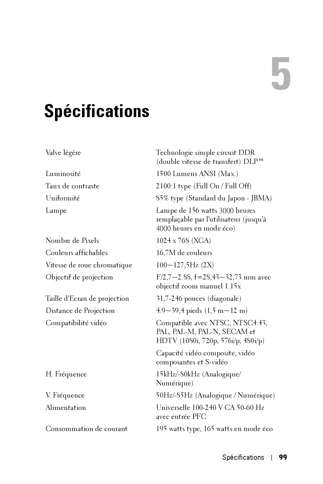 Dell 3400MP owner manual Spécifications 