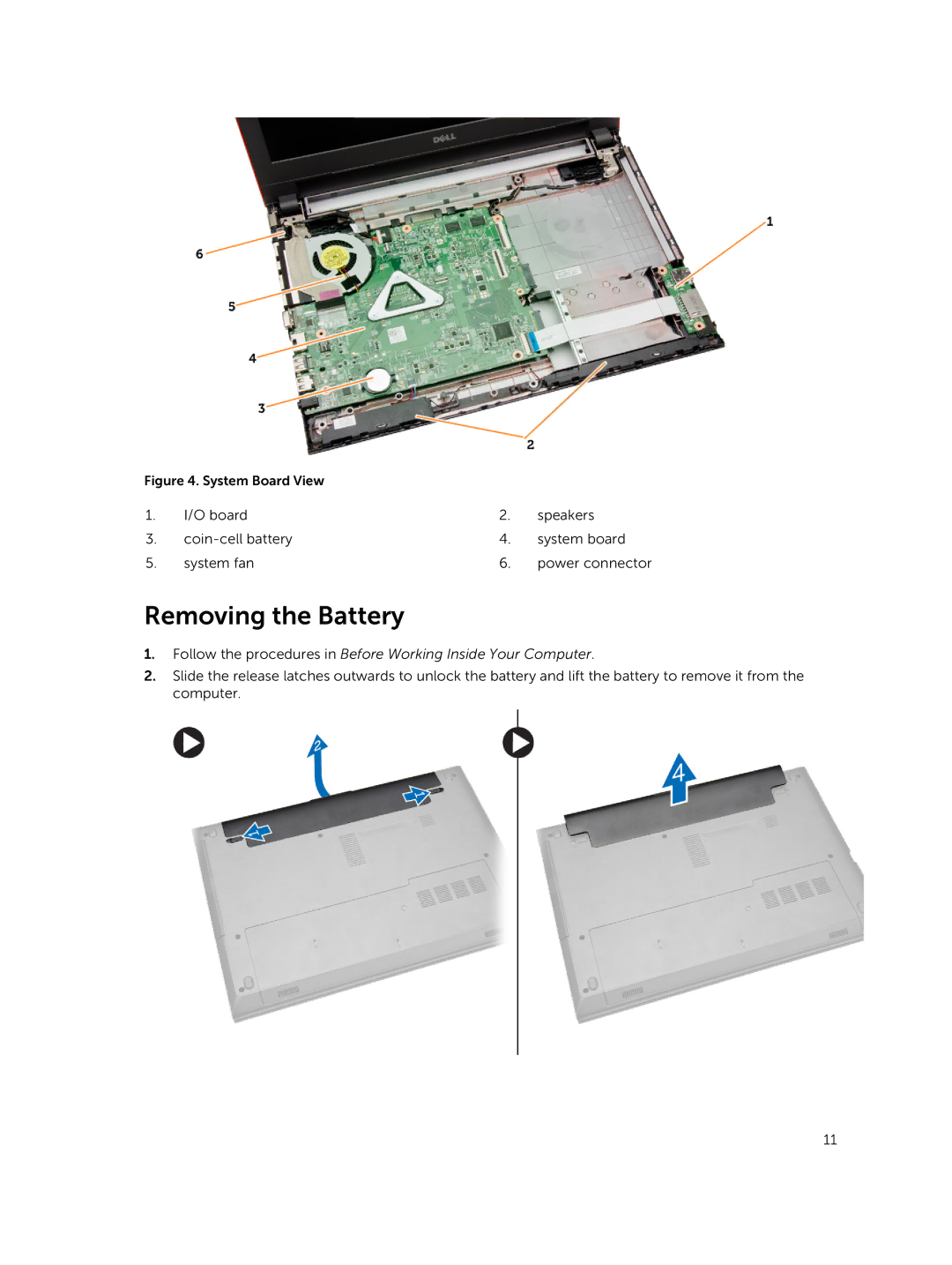 Dell 3445 owner manual Removing the Battery, System Board View 