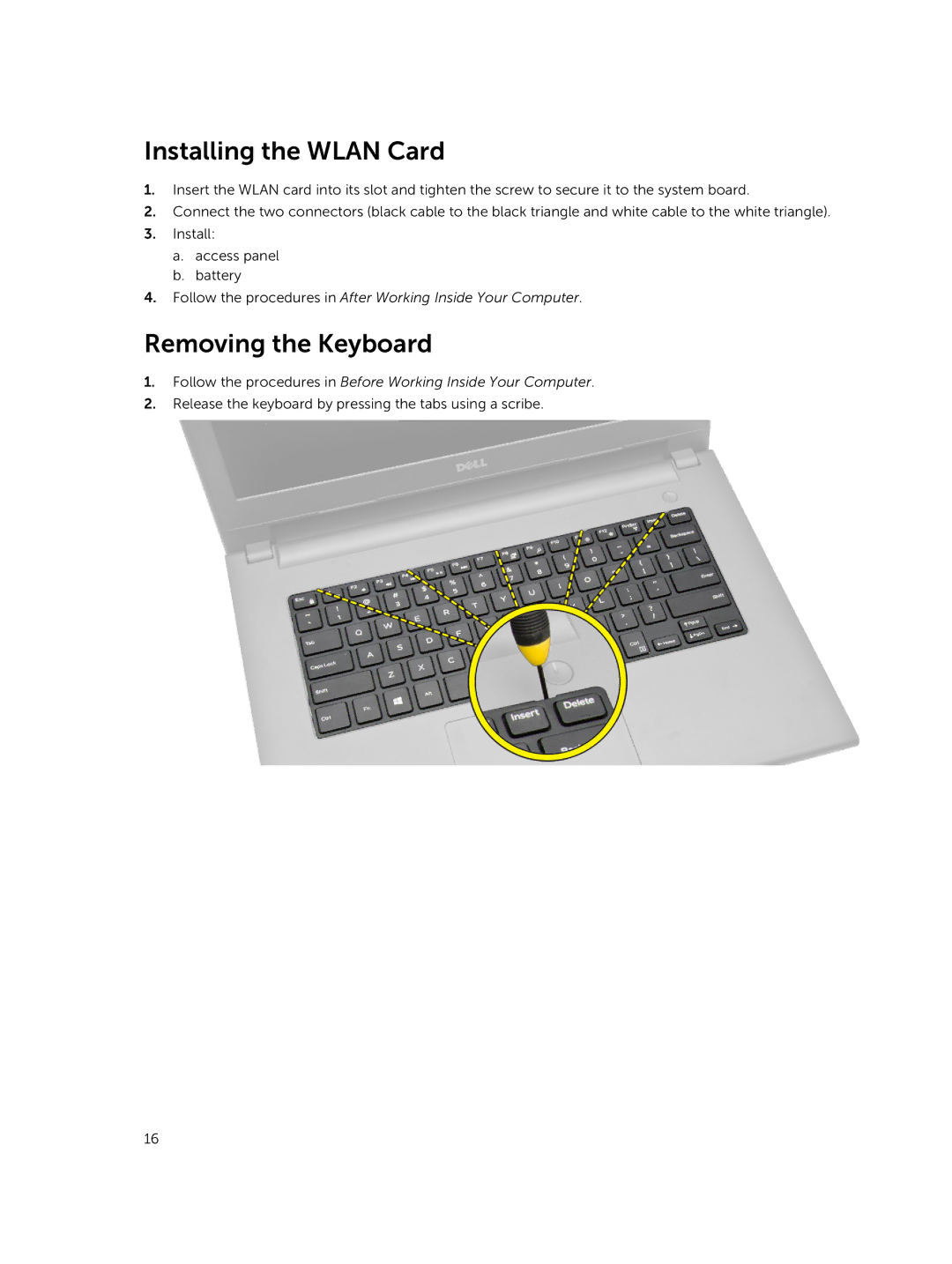 Dell 3445 owner manual Installing the Wlan Card, Removing the Keyboard 