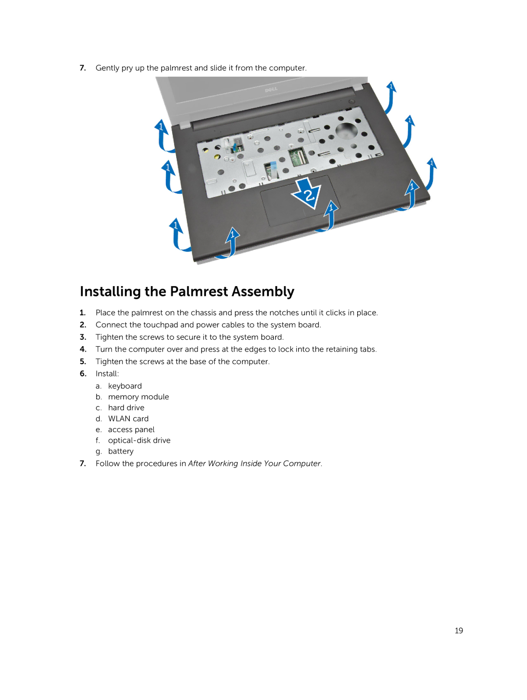 Dell 3445 owner manual Installing the Palmrest Assembly 