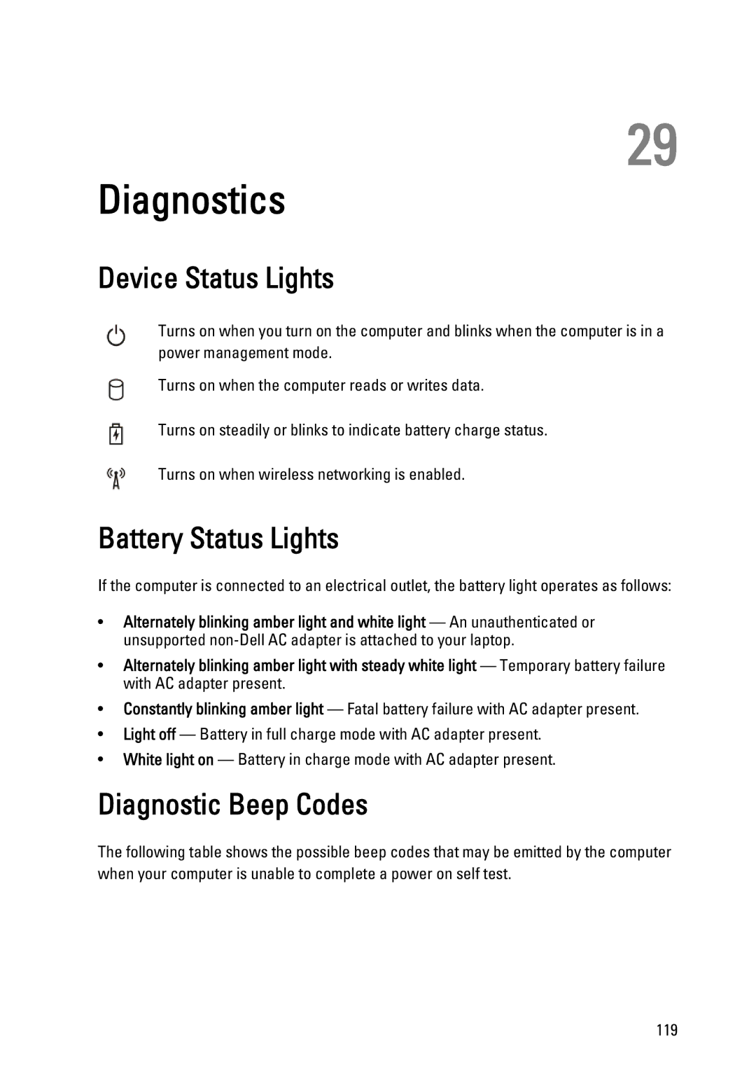 Dell 3450 owner manual Diagnostics, Device Status Lights, Battery Status Lights, Diagnostic Beep Codes 