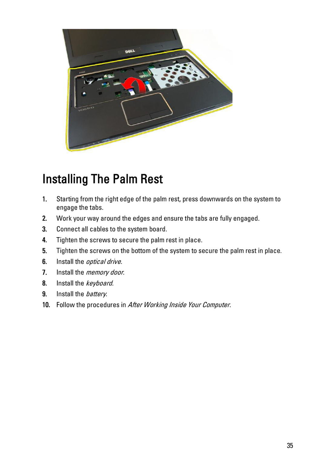 Dell 3450 owner manual Installing The Palm Rest 