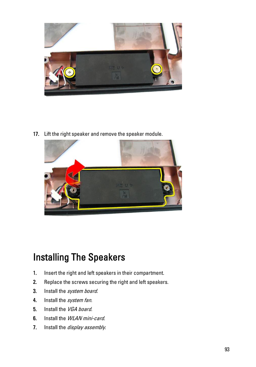 Dell 3450 owner manual Installing The Speakers 