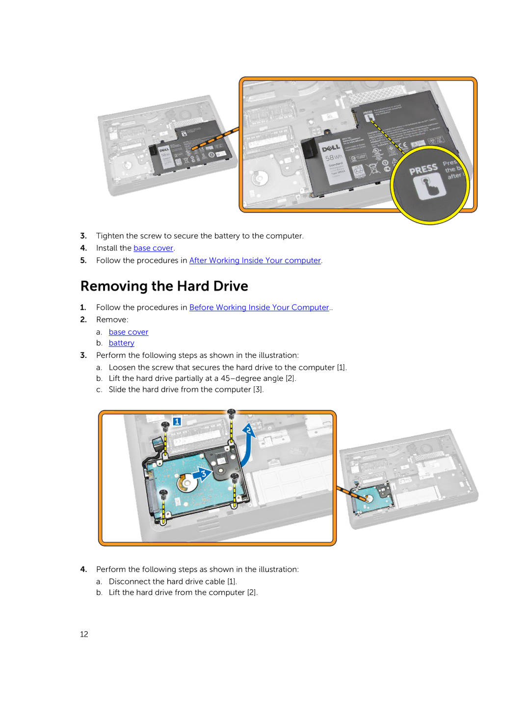 Dell 3450 owner manual Removing the Hard Drive, Base cover Battery 