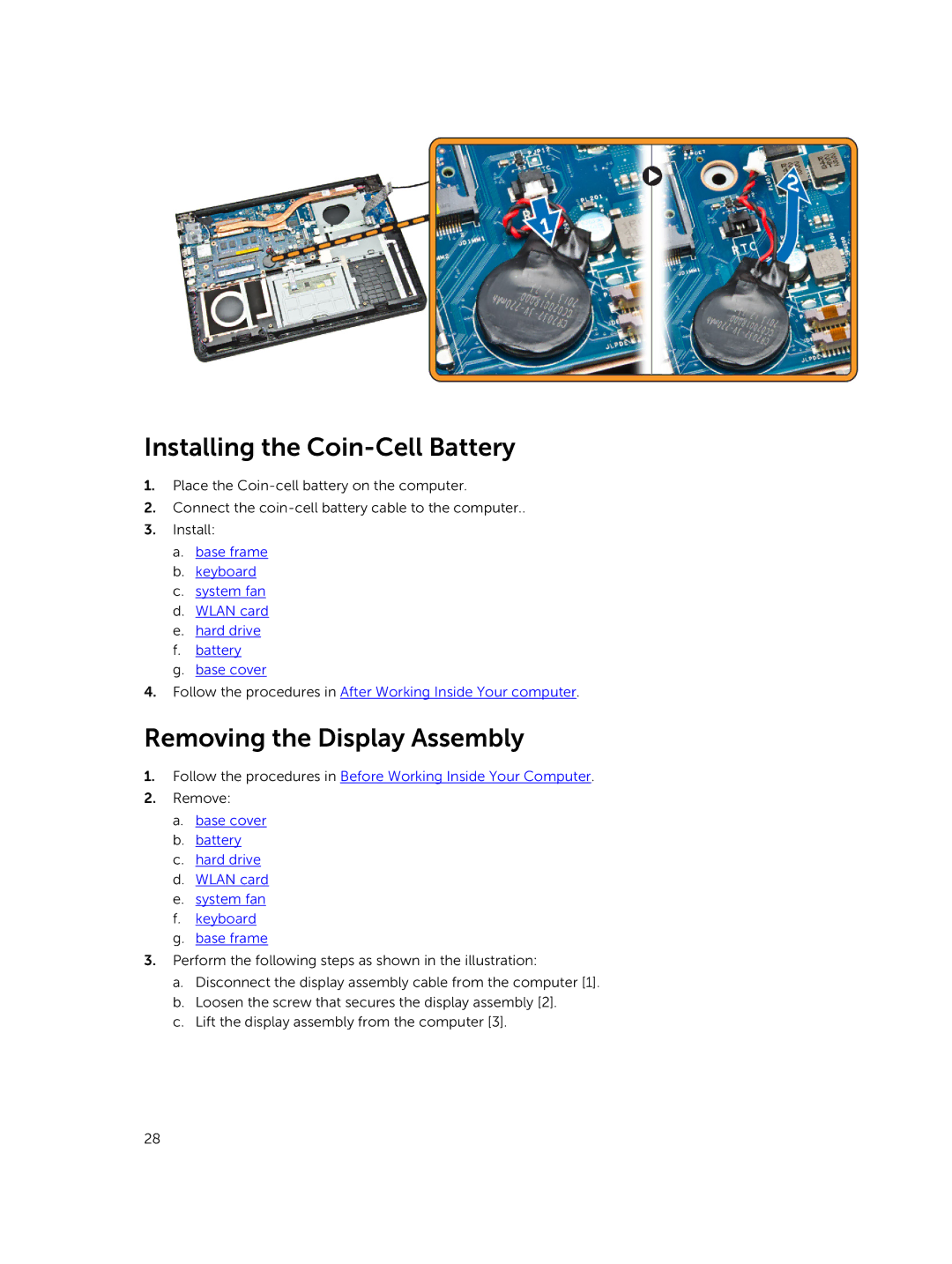 Dell 3450 owner manual Installing the Coin-Cell Battery, Removing the Display Assembly 