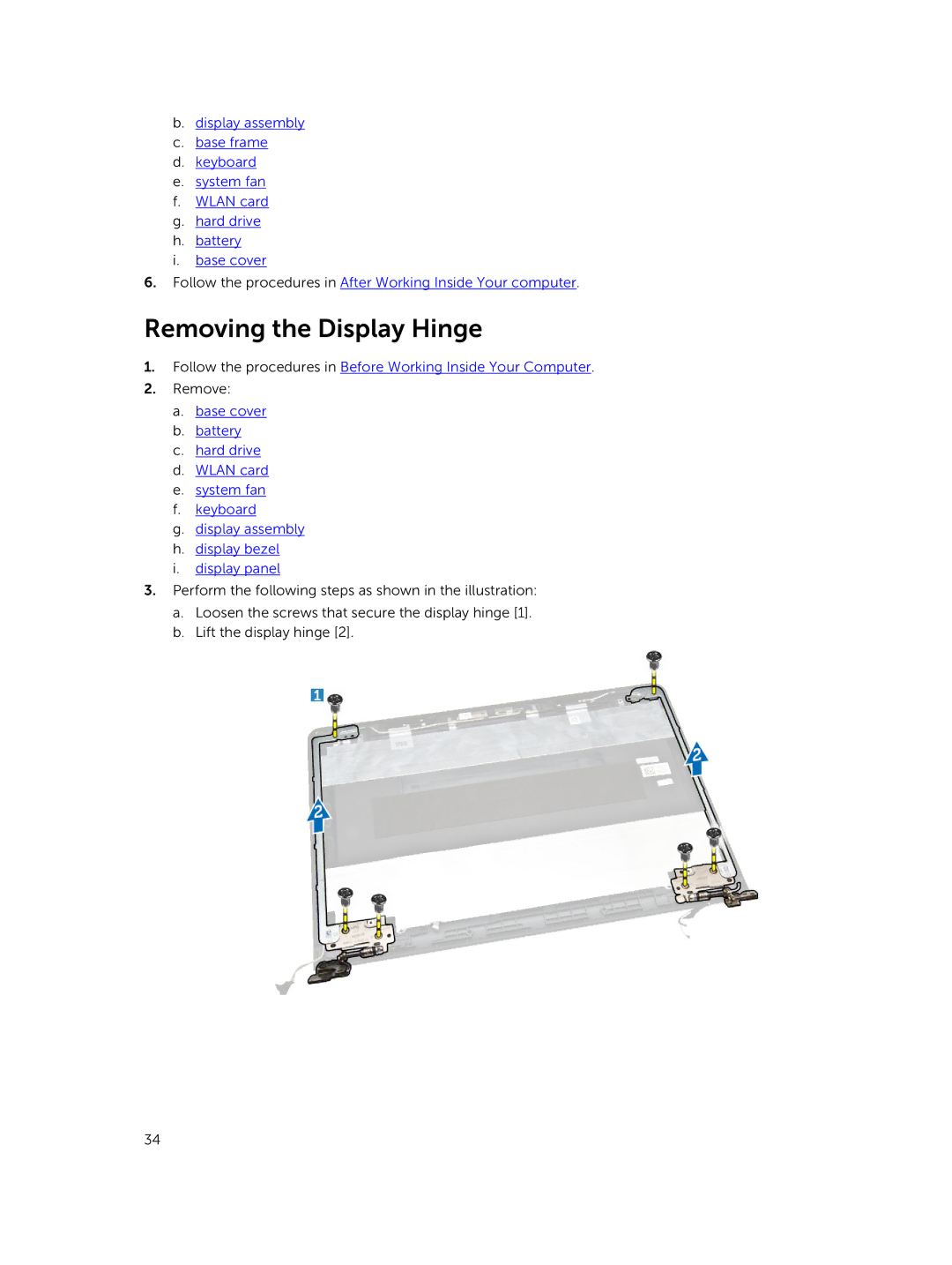 Dell 3450 owner manual Removing the Display Hinge 