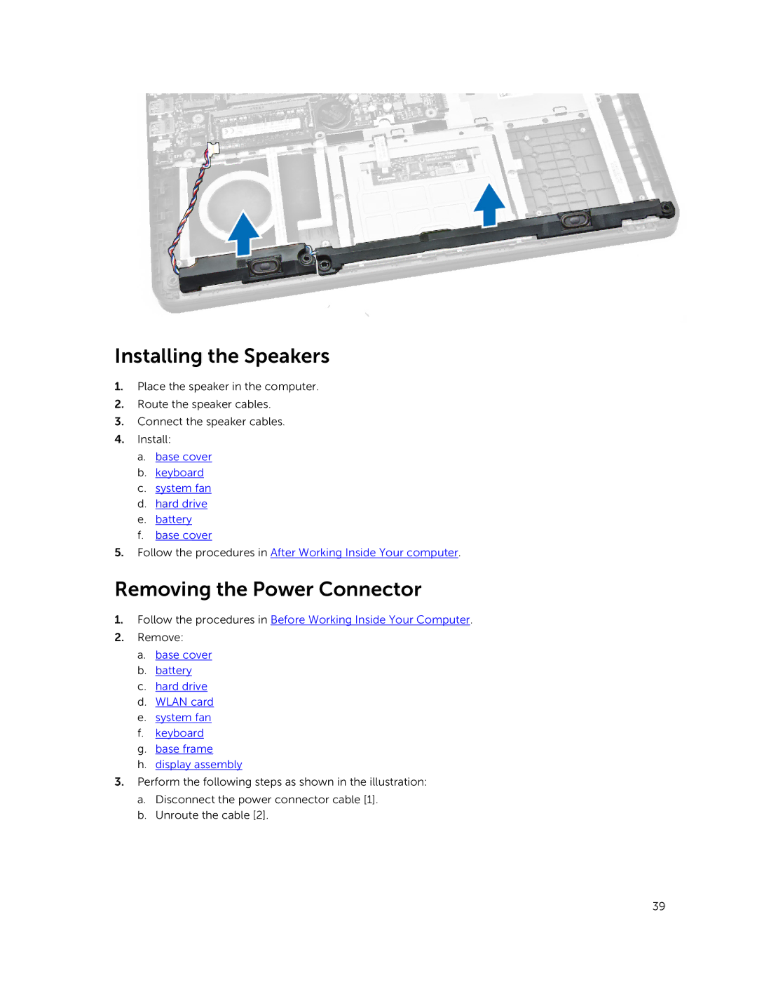 Dell 3450 owner manual Installing the Speakers, Removing the Power Connector 