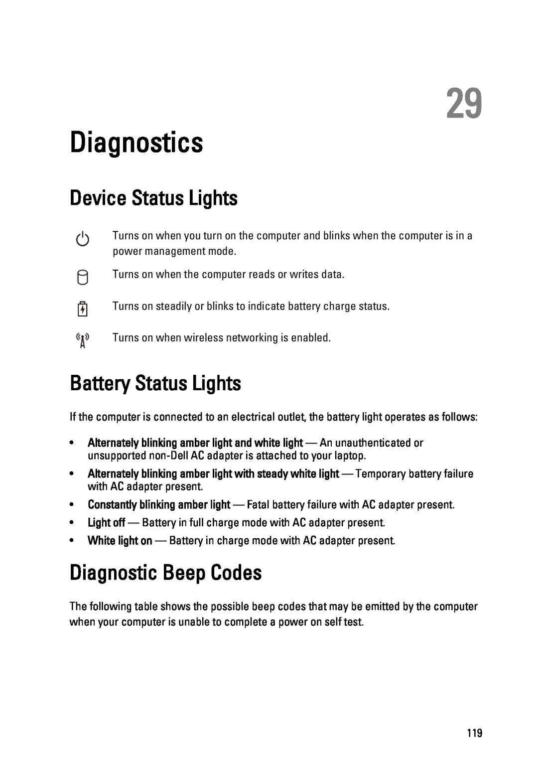 Dell 3450 owner manual Diagnostics, Device Status Lights, Battery Status Lights, Diagnostic Beep Codes 