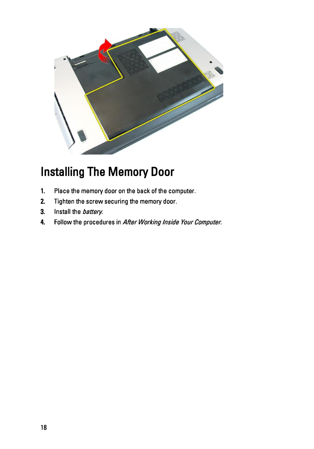 Dell 3450 owner manual Installing The Memory Door, Place the memory door on the back of the computer 