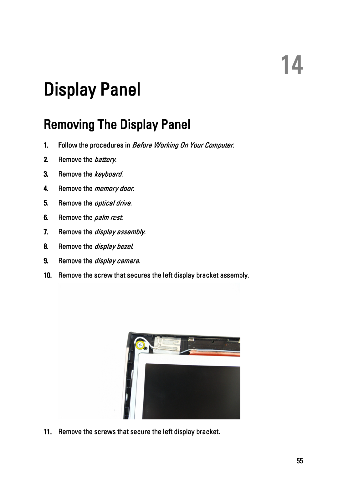 Dell 3450 owner manual Removing The Display Panel, Remove the display camera, Remove the optical drive 