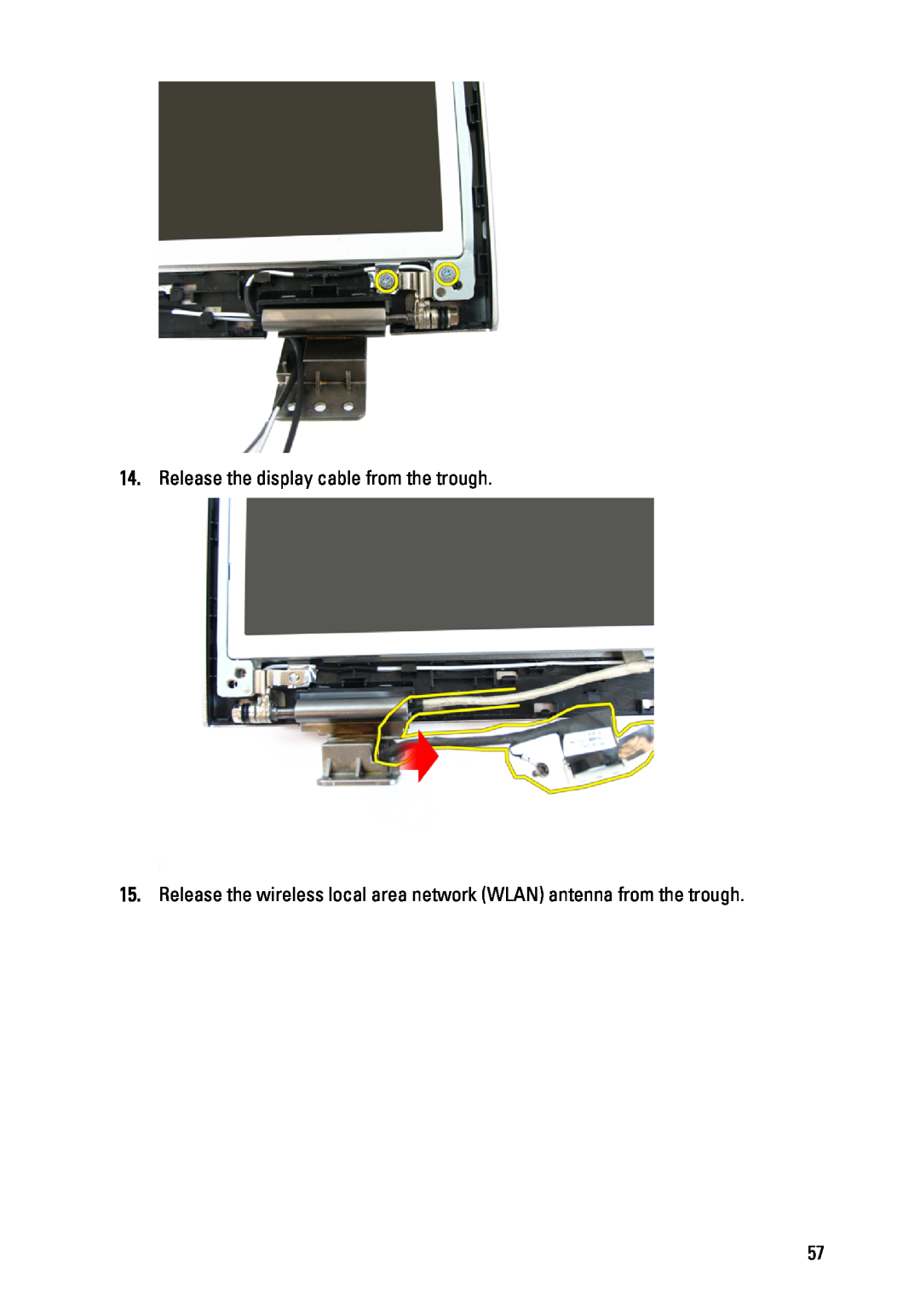 Dell 3450 owner manual Release the display cable from the trough 