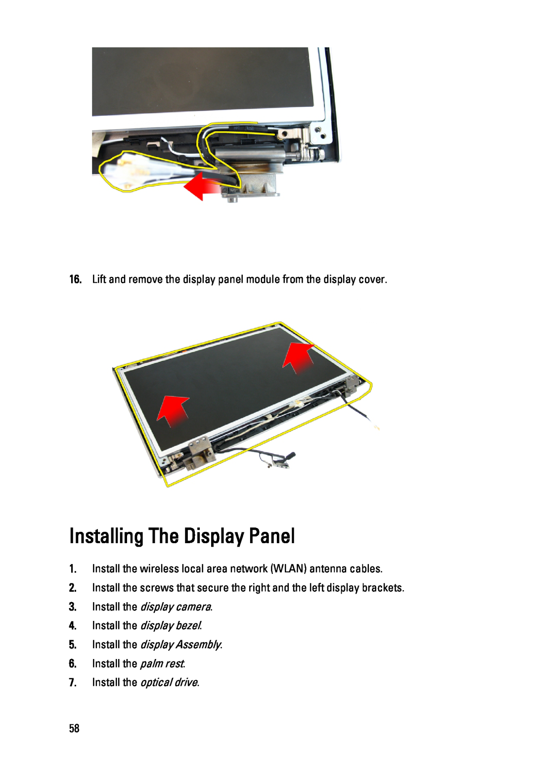 Dell 3450 owner manual Installing The Display Panel, Lift and remove the display panel module from the display cover 