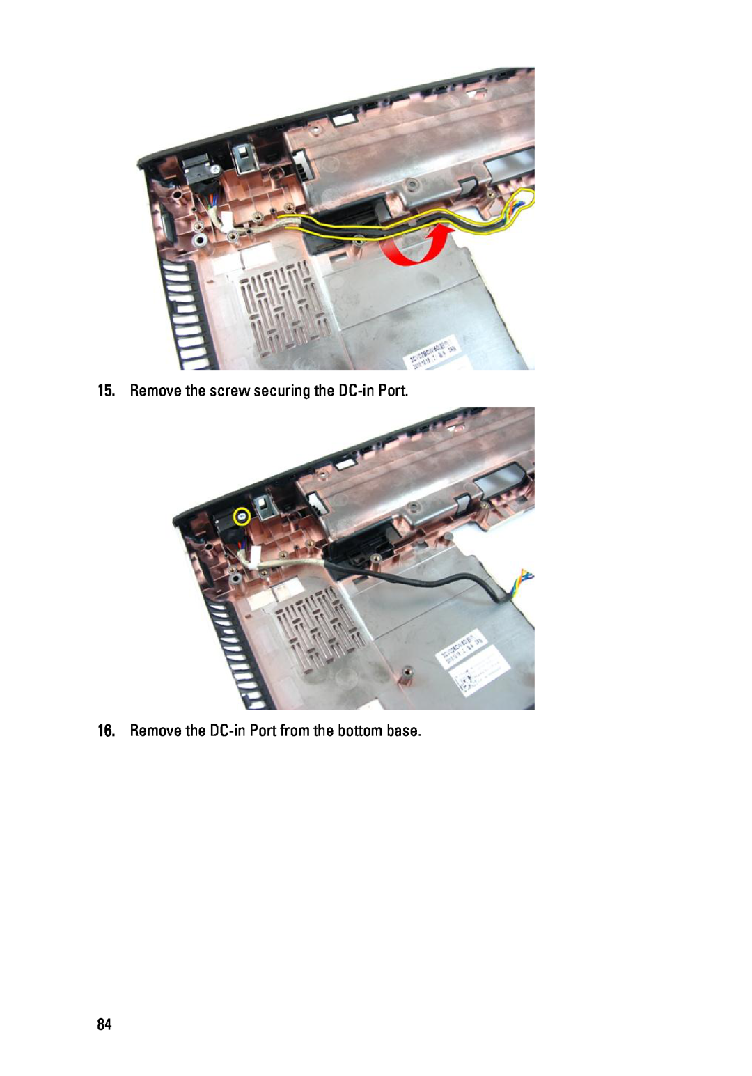 Dell 3450 owner manual Remove the screw securing the DC-in Port, Remove the DC-in Port from the bottom base 