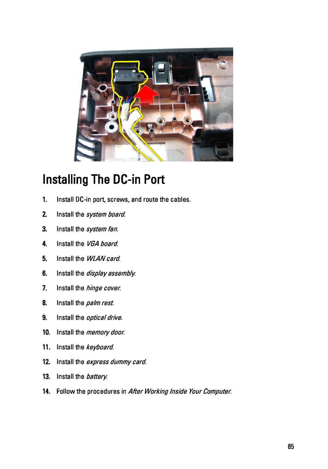 Dell 3450 owner manual Installing The DC-in Port, Install the display assembly, Install the express dummy card 