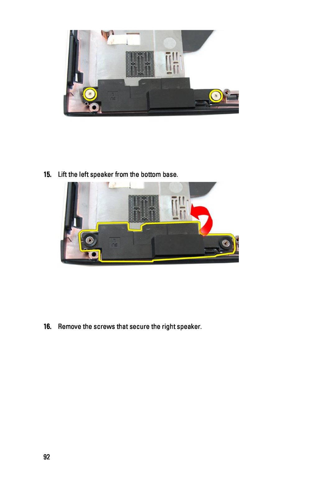 Dell 3450 owner manual Lift the left speaker from the bottom base, Remove the screws that secure the right speaker 