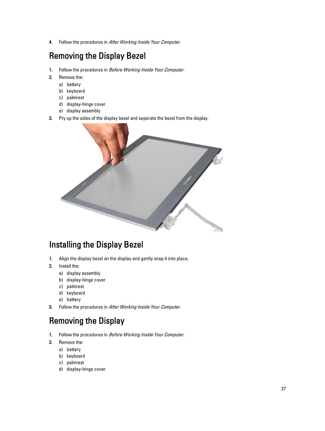 Dell 3460 owner manual Removing the Display Bezel, Installing the Display Bezel 