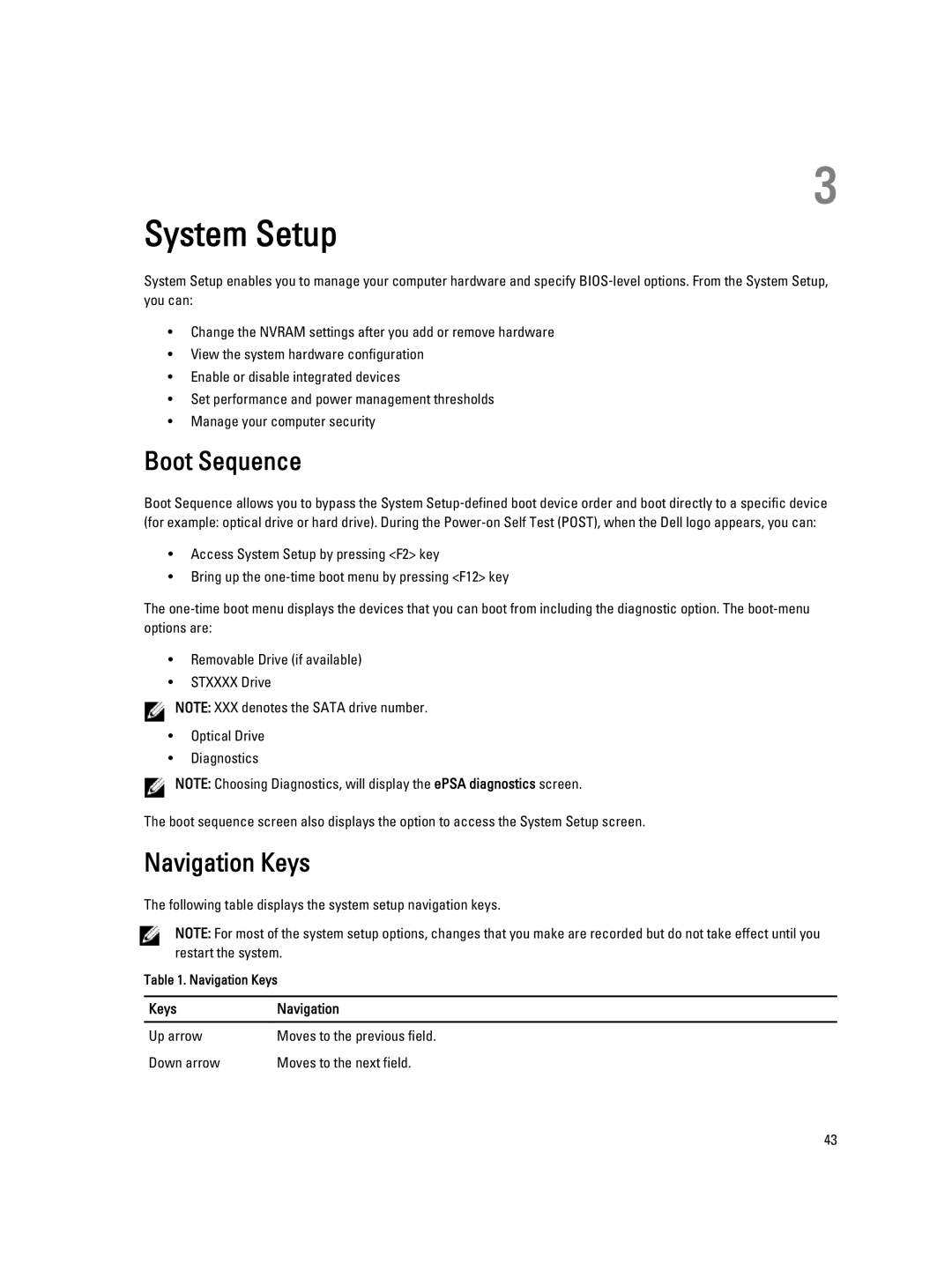 Dell 3460 owner manual System Setup, Boot Sequence, Navigation Keys, Keys Navigation 