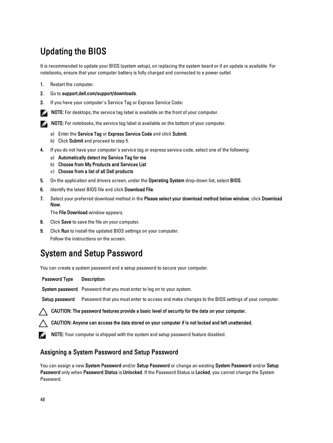 Dell 3460 owner manual Updating the Bios, System and Setup Password, Password Type Description, Setup password 