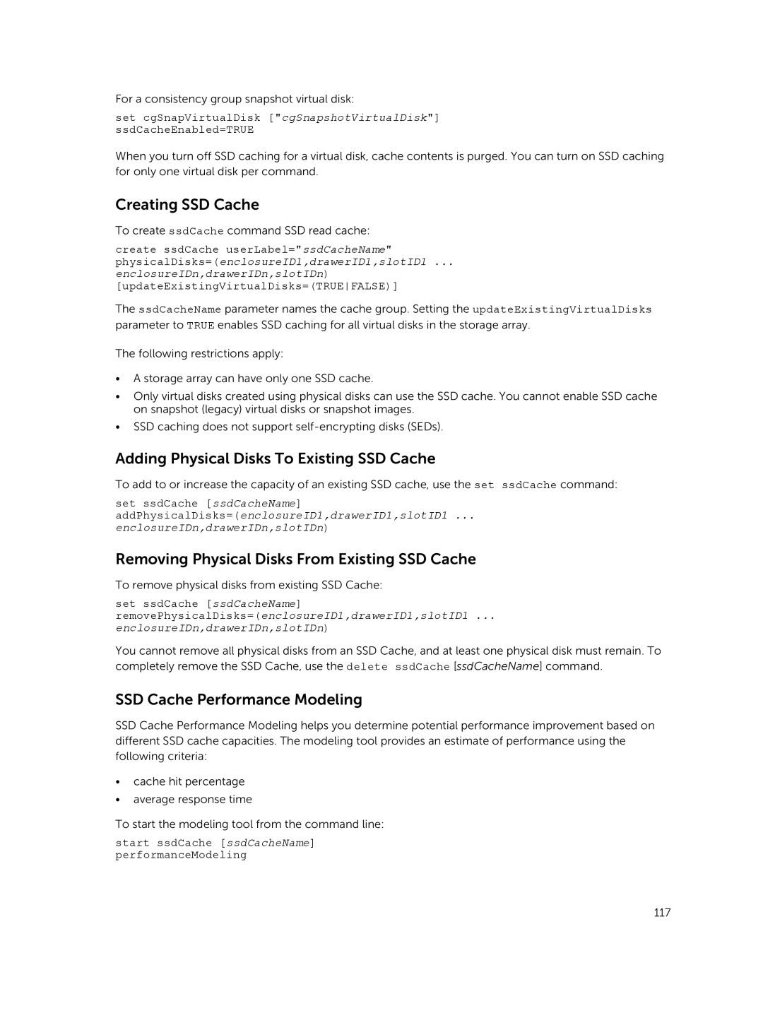 Dell 38XX Creating SSD Cache, Adding Physical Disks To Existing SSD Cache, Removing Physical Disks From Existing SSD Cache 