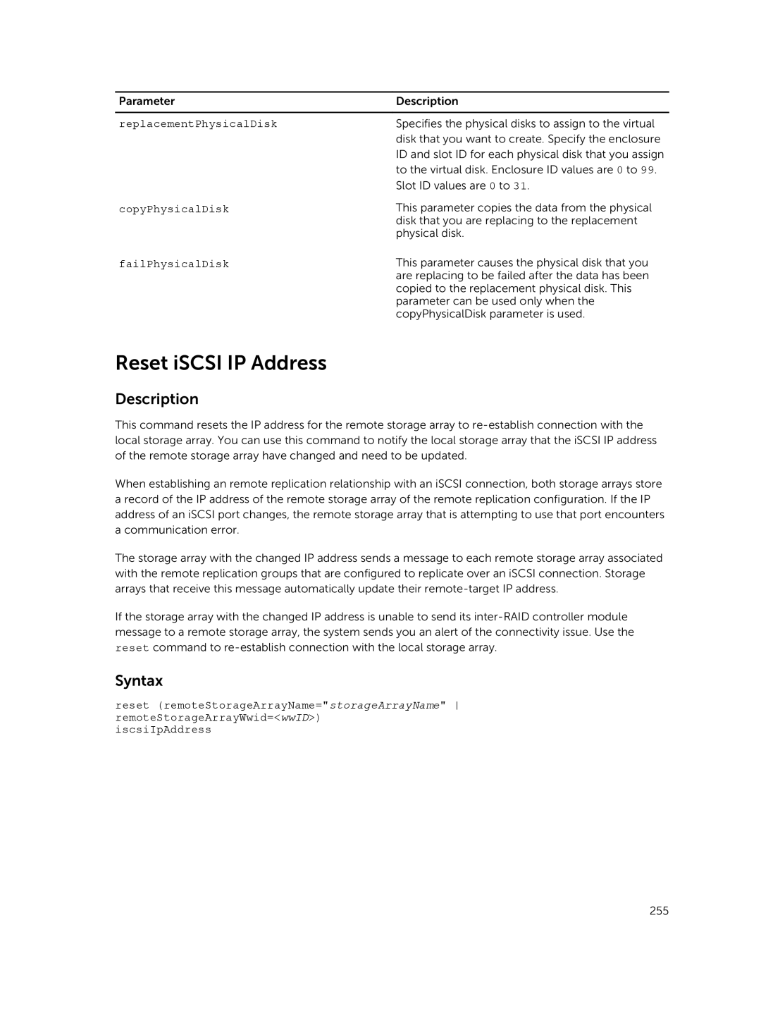 Dell 36XX, 34XX, 38XX, 32XX manual Reset iSCSI IP Address, ReplacementPhysicalDisk, CopyPhysicalDisk 