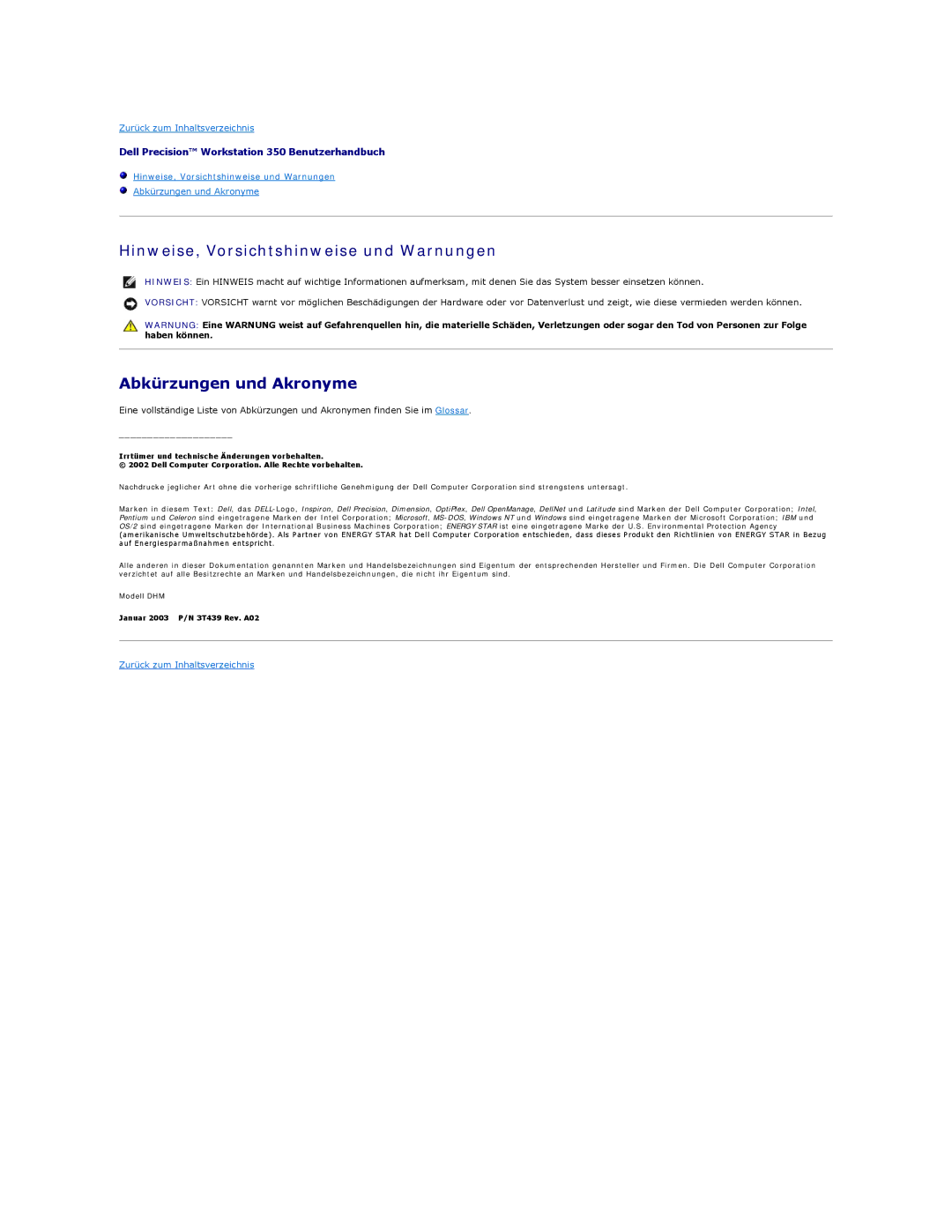 Dell 350 manual Hinweise, Vorsichtshinweise und Warnungen, Abkürzungen und Akronyme 