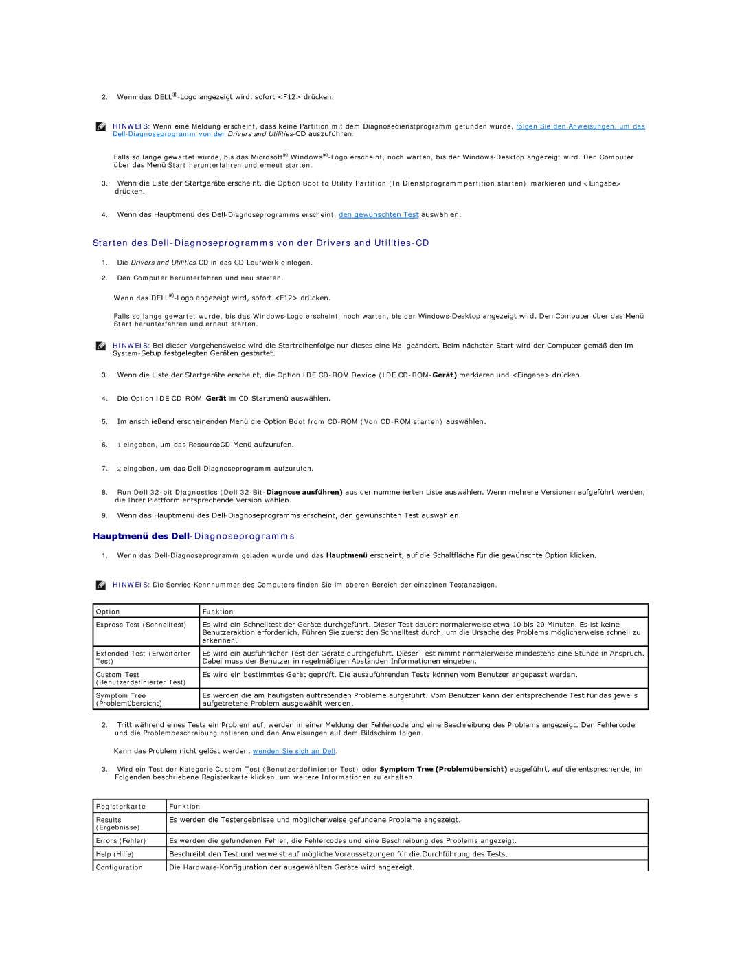 Dell 350 manual Hauptmenü des Dell-Diagnoseprogramms, Option Funktion, Registerkarte Funktion 