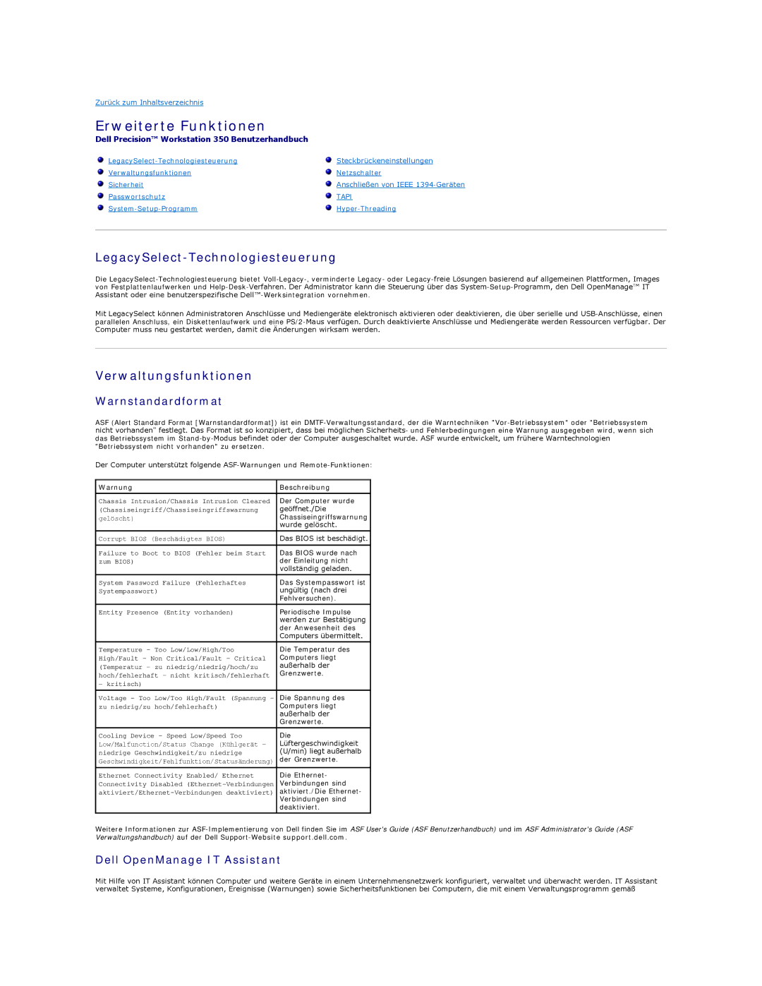 Dell 350 manual Erweiterte Funktionen, LegacySelect-Technologiesteuerung, Verwaltungsfunktionen, Warnstandardformat 