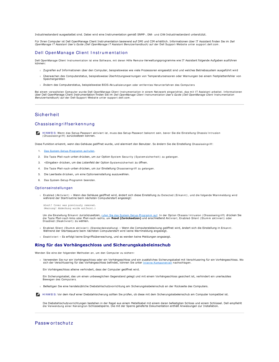 Dell 350 manual Sicherheit, Passwortschutz, Dell OpenManage Client Instrumentation, Chassiseingriffserkennung 