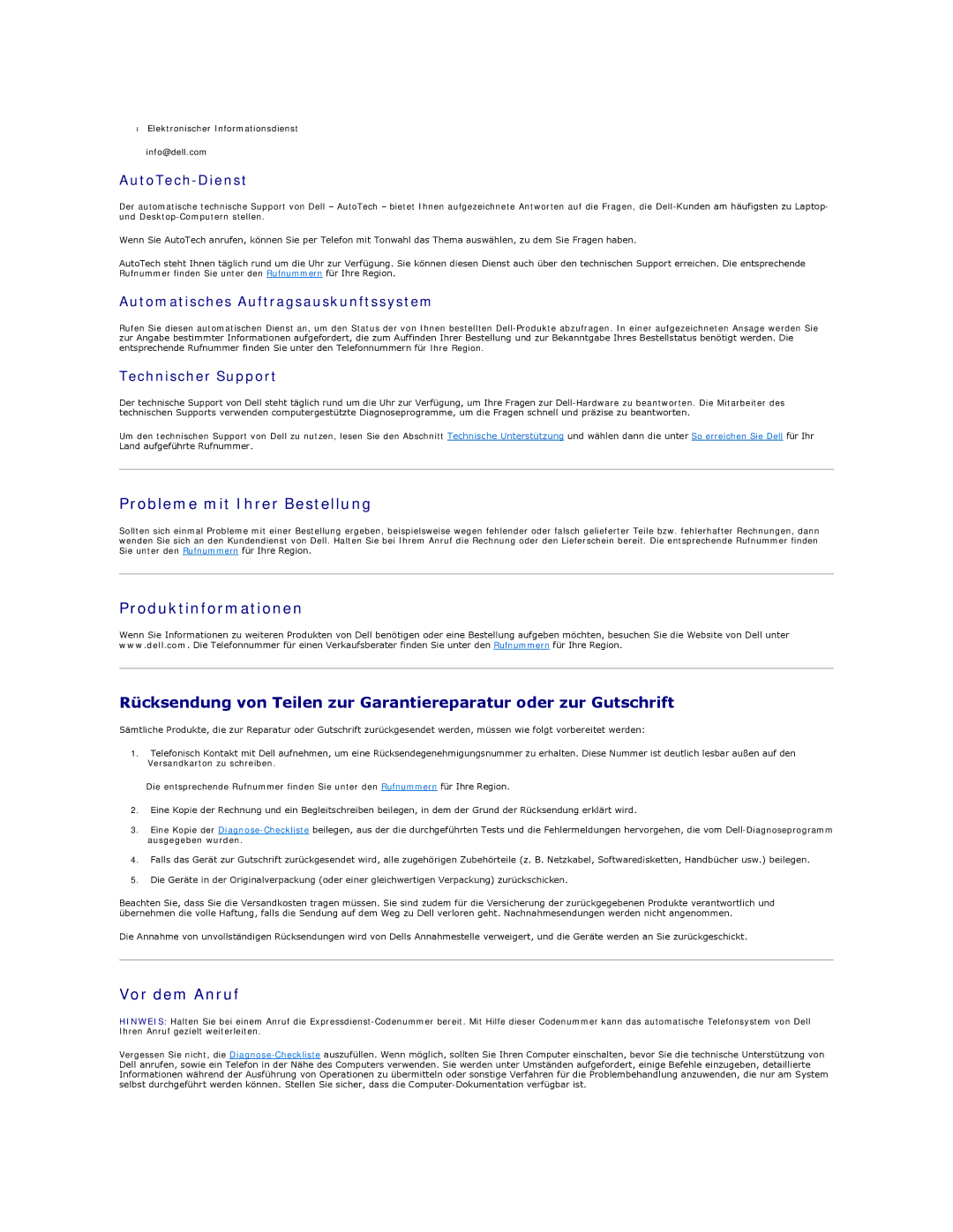 Dell 350 manual Probleme mit Ihrer Bestellung, Vor dem Anruf, AutoTech-Dienst, Automatisches Auftragsauskunftssystem 