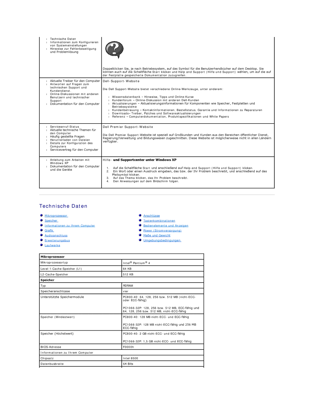 Dell 350 manual Technische Daten, Mikroprozessor, Speicher, Informationen zu Ihrem Computer 