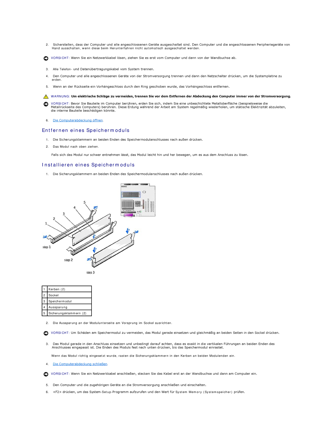 Dell 350 manual Entfernen eines Speichermoduls, Installieren eines Speichermoduls 