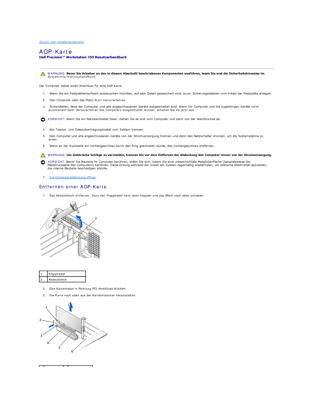 Dell 350 manual Entfernen einer AGP-Karte 