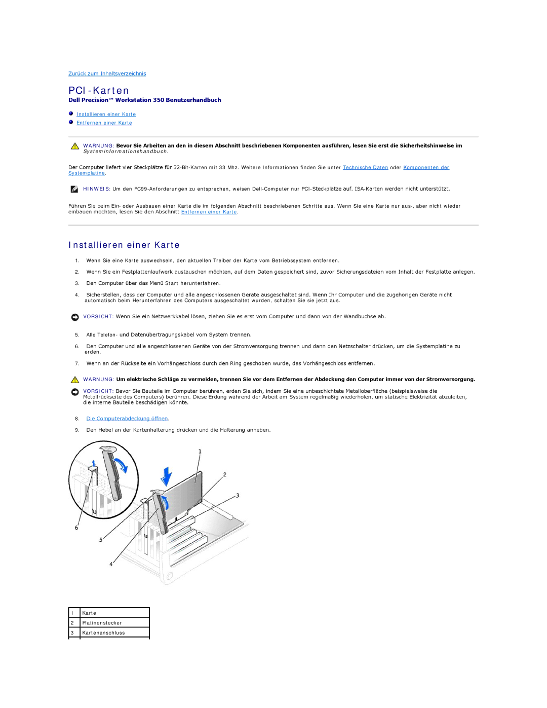 Dell 350 manual PCI-Karten, Installieren einer Karte 