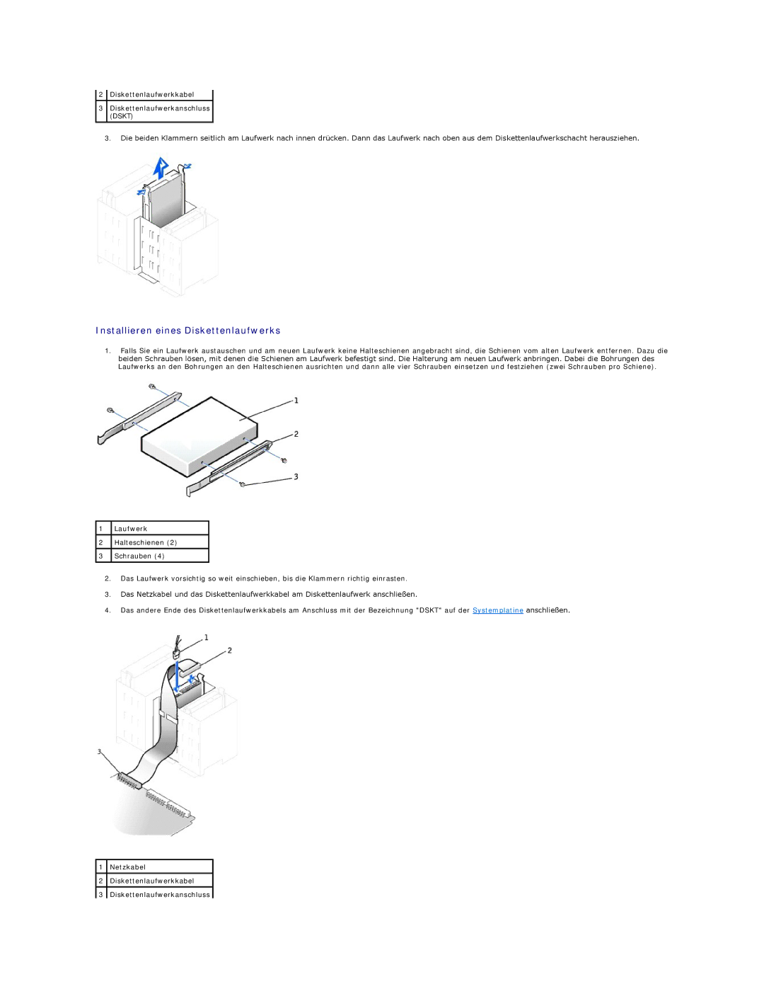 Dell 350 manual Installieren eines Diskettenlaufwerks 