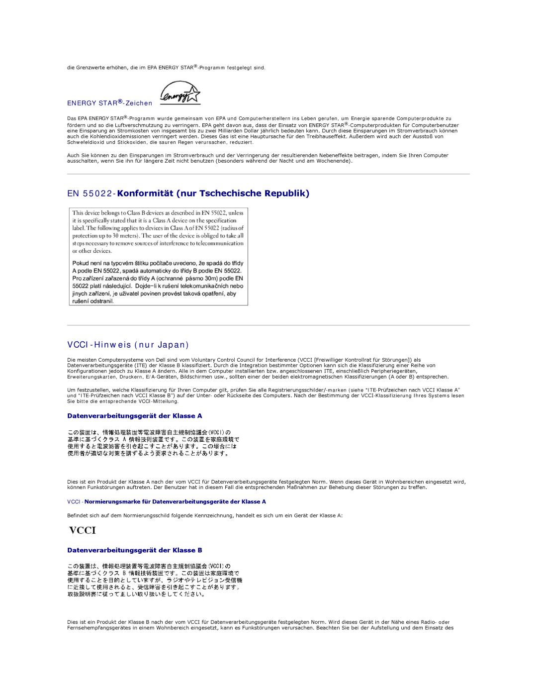 Dell 350 manual Energy STAR-Zeichen, Datenverarbeitungsgerät der Klasse a, Datenverarbeitungsgerät der Klasse B 