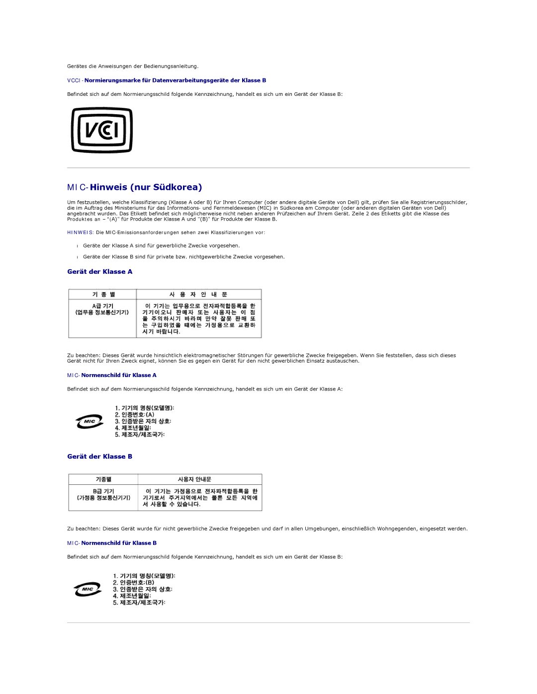 Dell 350 manual MIC-Hinweis nur Südkorea, Gerät der Klasse a, Gerät der Klasse B 