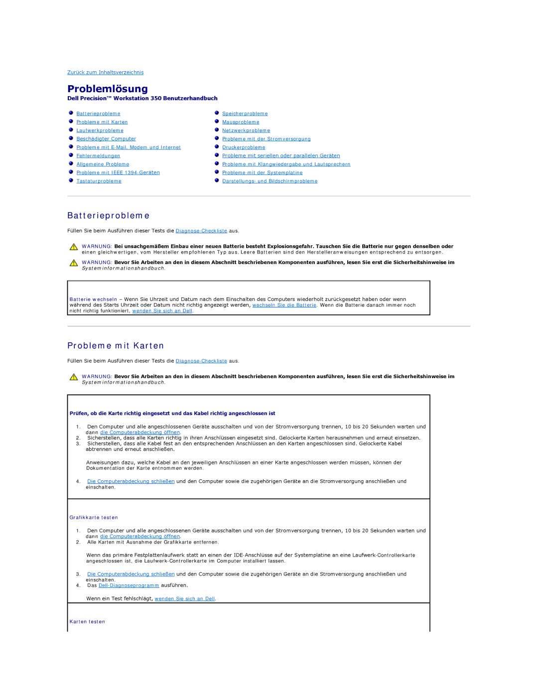 Dell 350 manual Problemlösung, Batterieprobleme, Probleme mit Karten, Grafikkarte testen, Karten testen 