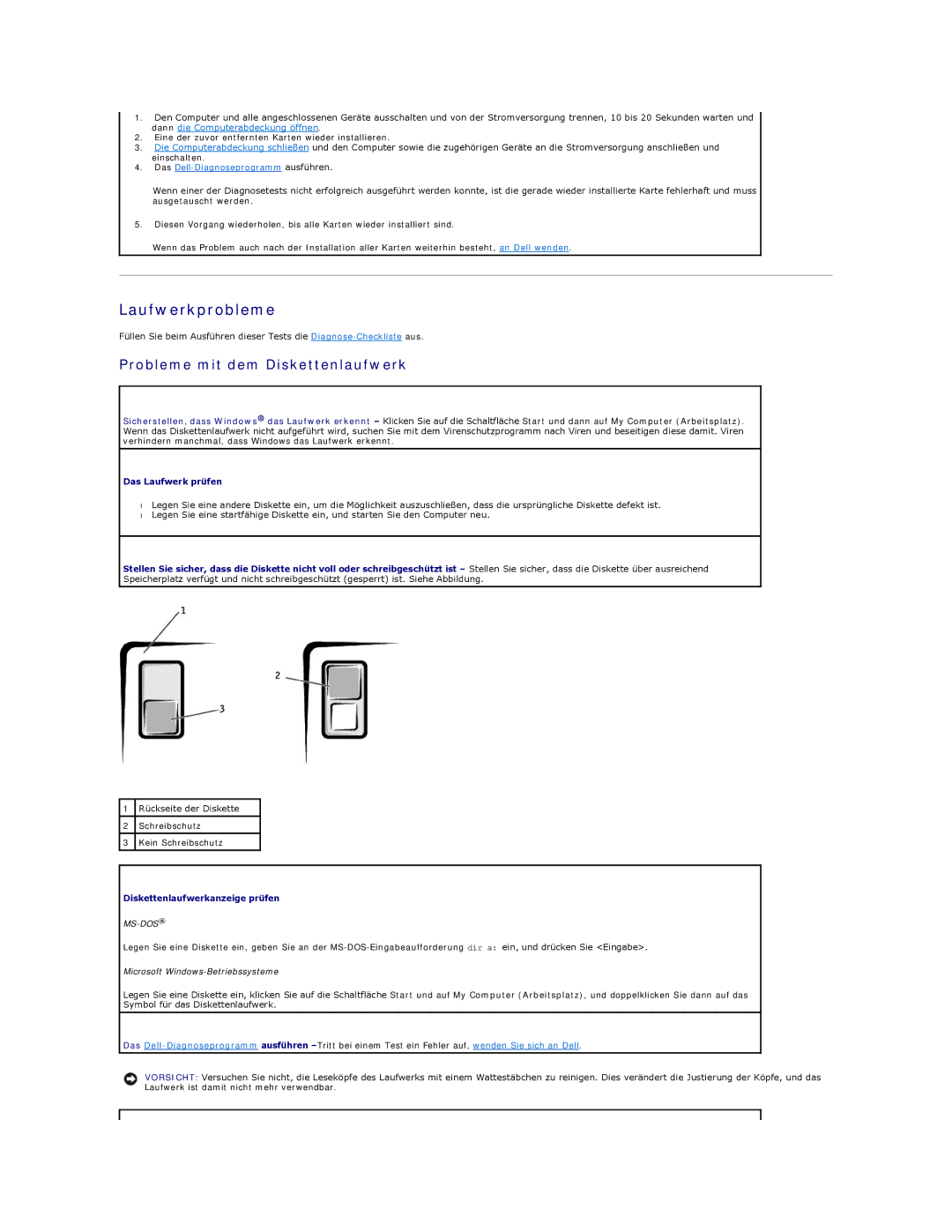 Dell 350 manual Laufwerkprobleme, Probleme mit dem Diskettenlaufwerk, Das Laufwerk prüfen, Diskettenlaufwerkanzeige prüfen 