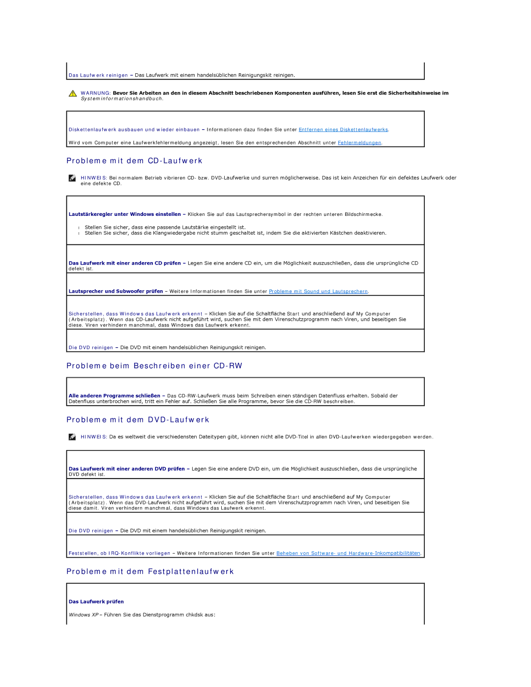 Dell 350 manual Probleme mit dem CD-Laufwerk, Probleme beim Beschreiben einer CD-RW, Probleme mit dem DVD-Laufwerk 