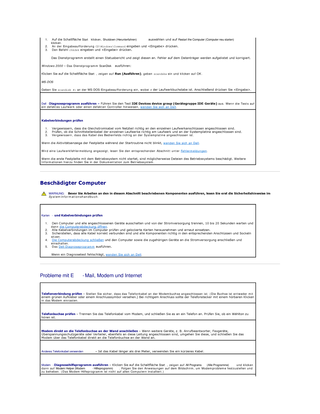 Dell 350 manual Beschädigter Computer, Probleme mit E-Mail, Modem und Internet, Kabelverbindungen prüfen 
