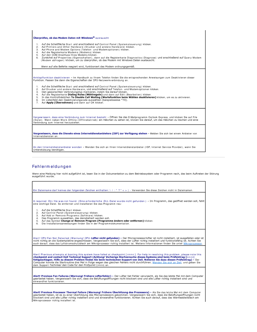 Dell 350 manual Fehlermeldungen, Überprüfen, ob das Modem Daten mit Windows austauscht 