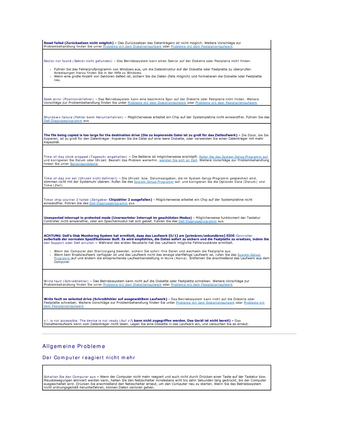 Dell 350 manual Allgemeine Probleme, Der Computer reagiert nicht mehr 