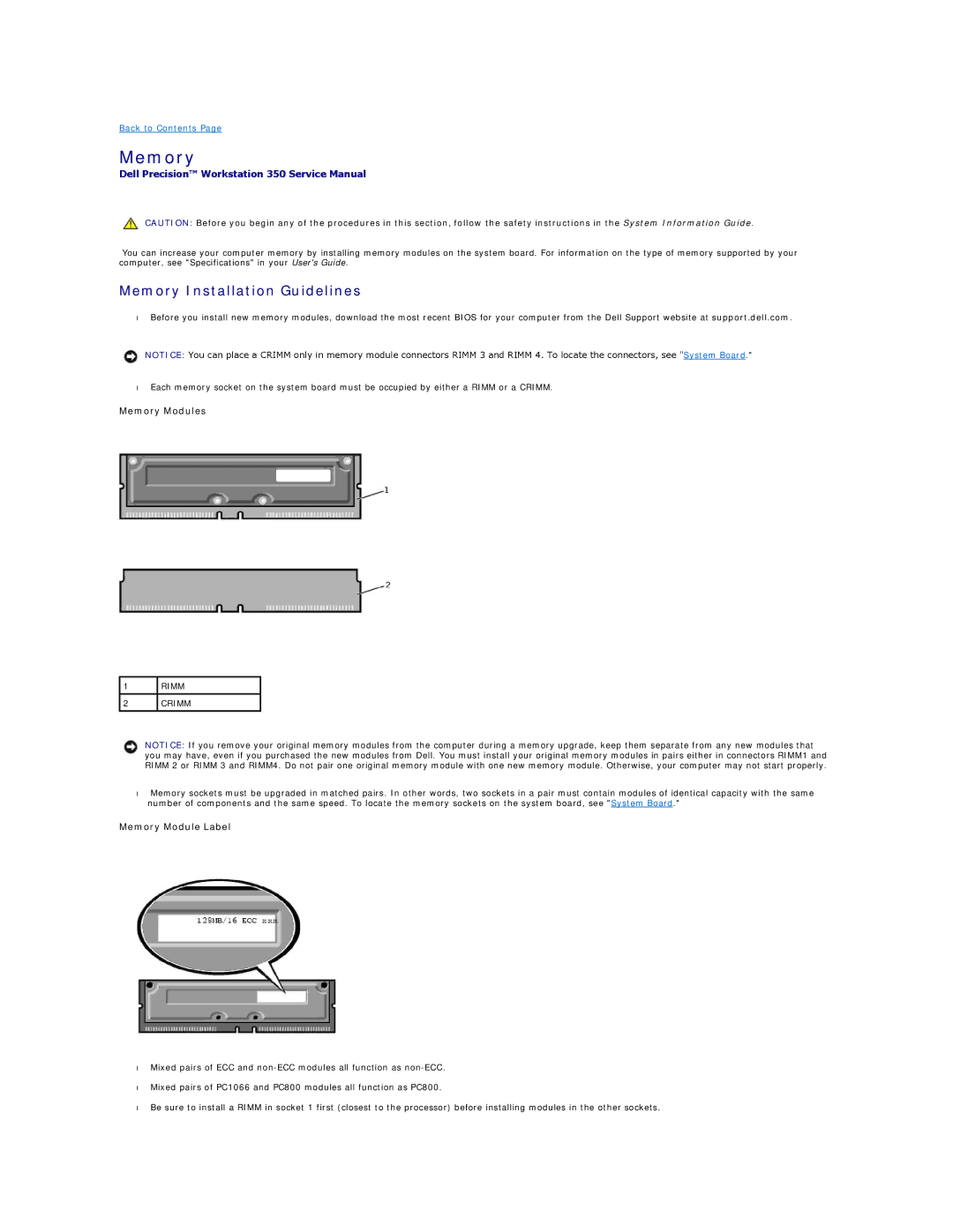 Dell 350 manual Memory Installation Guidelines 