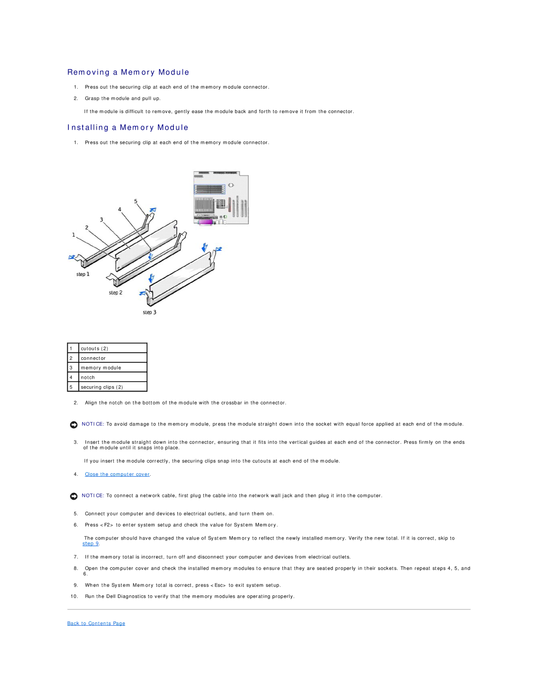 Dell 350 manual Removing a Memory Module, Installing a Memory Module 