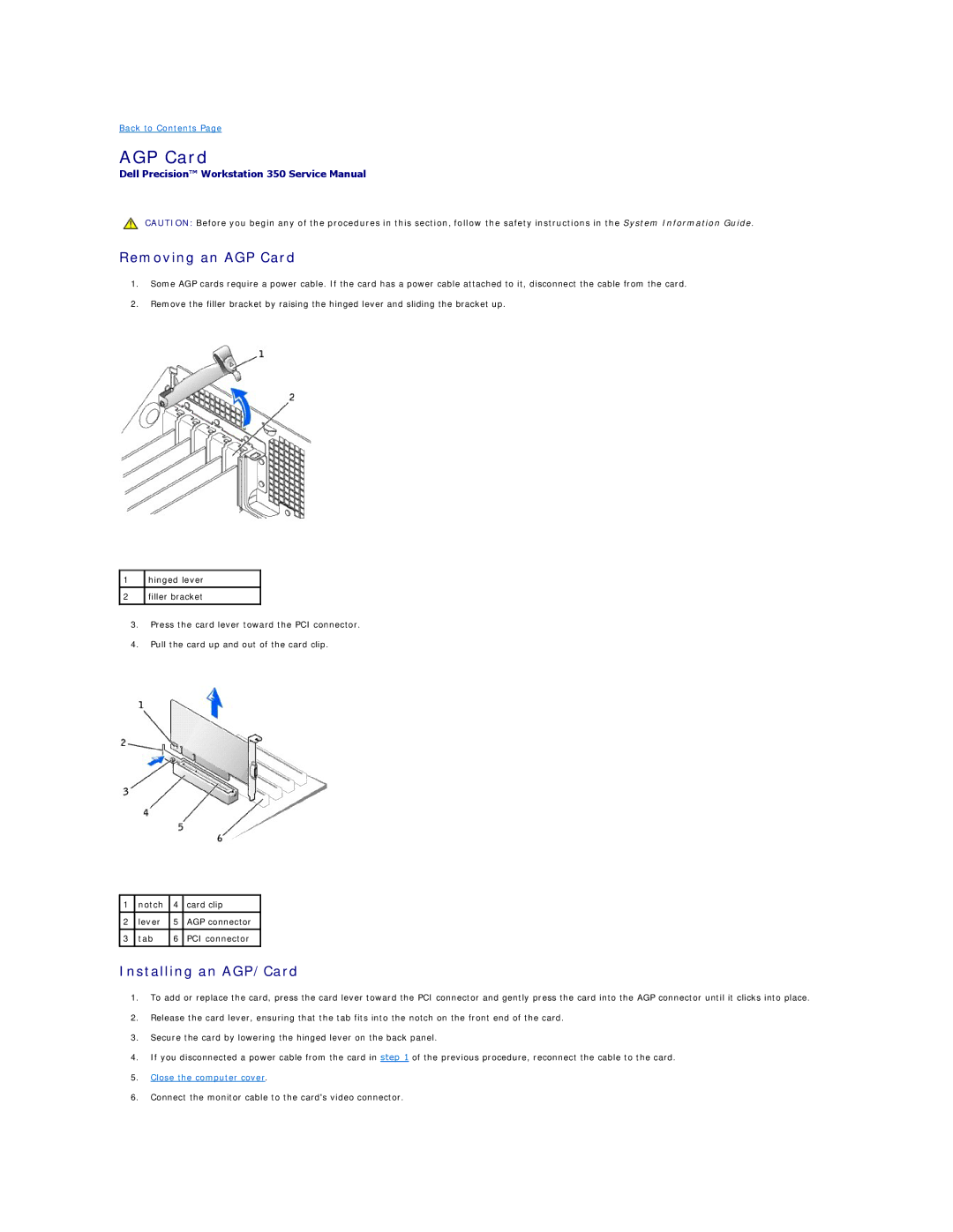Dell 350 manual Removing an AGP Card, Installing an AGP/Card 