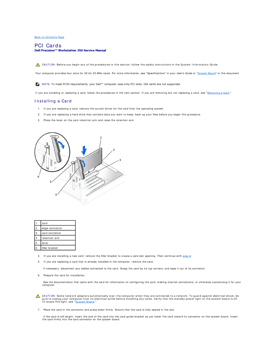 Dell 350 manual PCI Cards, Installing a Card 