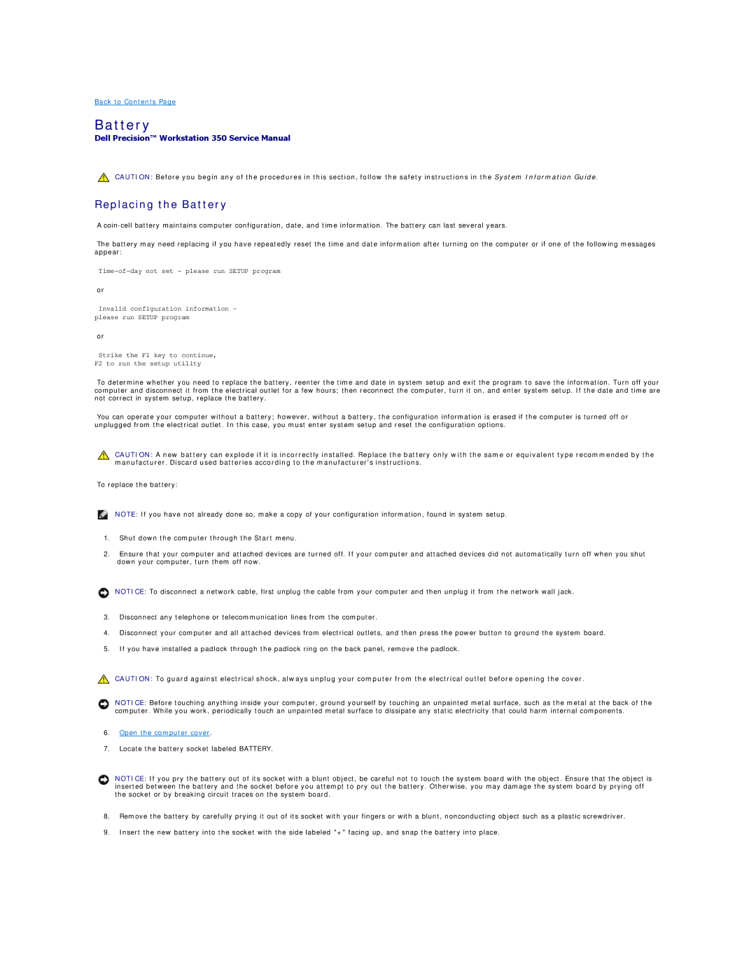 Dell 350 manual Replacing the Battery 